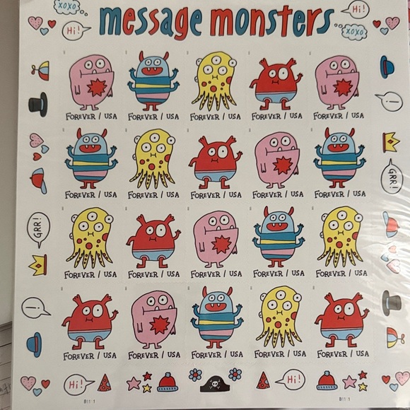 100 stamps forever Message Monsters Sheet - Colorful Cartoon Monsters